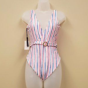 Onia Michelle Belted Striped One Piece Swimsuit Sz M NWT